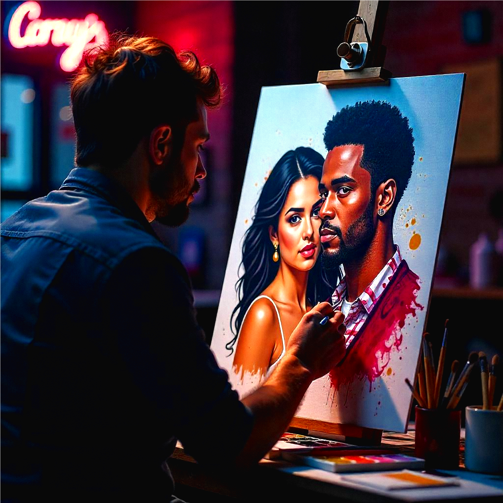 An artist painting a romantic watercolor portrait of a couple, highlighting the beauty of hand-painted art for Valentine's Day.