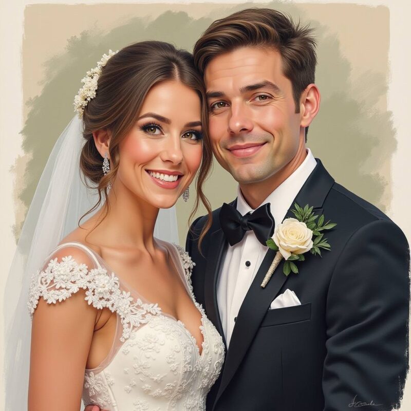 Custom hand-painted watercolor portrait of a newlywed couple, a unique and sentimental wedding gift.