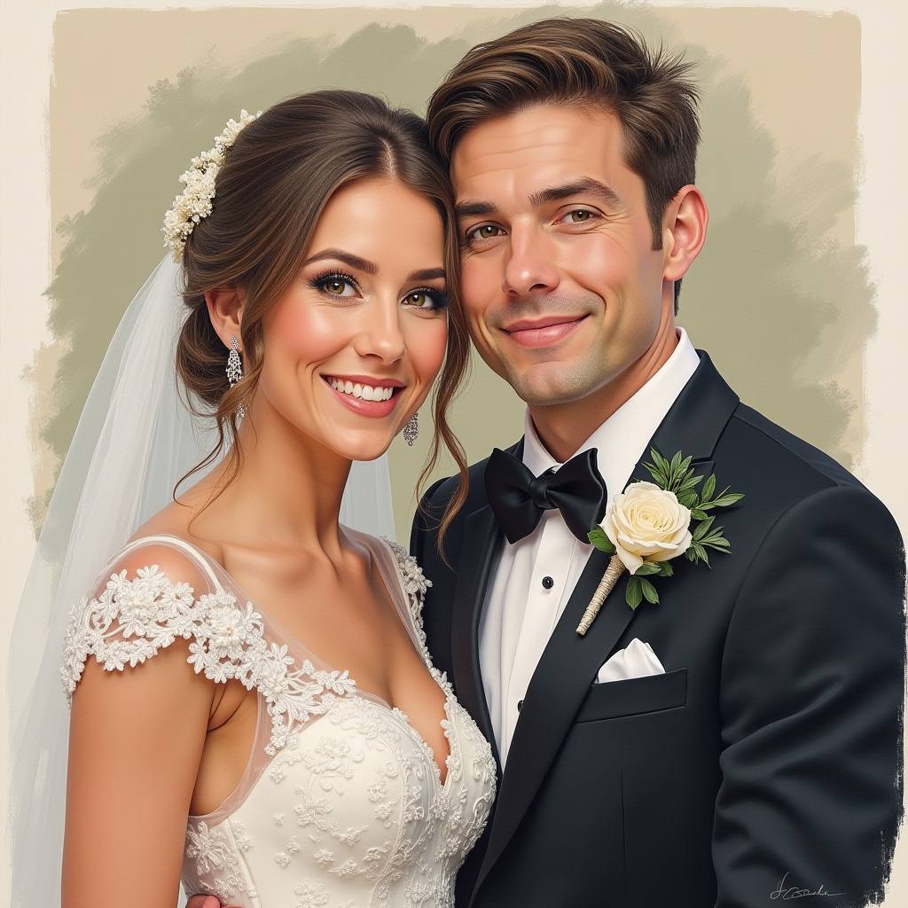 Custom hand-painted watercolor portrait of a newlywed couple, a unique and sentimental wedding gift.